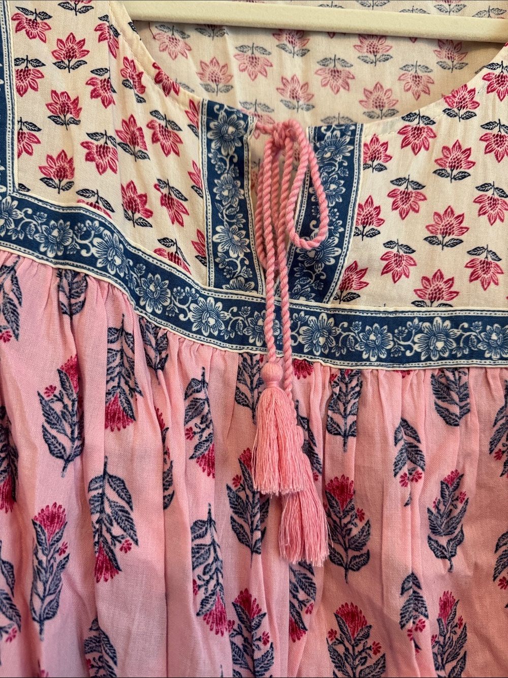 Women's Pink Floral Peasant Top with Blue Trim - Picture 2 of 5